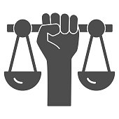 Hand holding scales solid icon,  concept, Civil rights sign on white background, Justice scales in hand icon in glyph style for mobile and web design. Vector graphics.