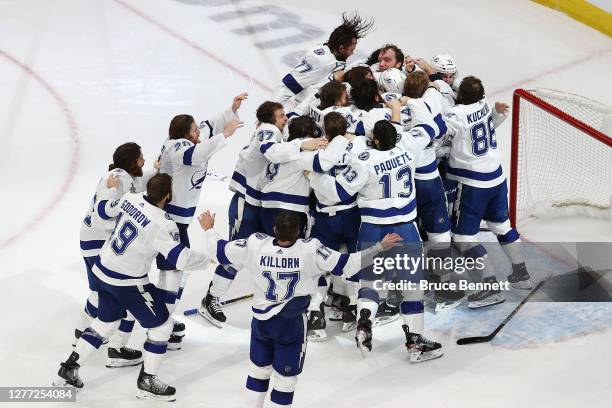 The Tampa Bay Lightning celebrate following the series-winning 2-0 victory over the Dallas Stars in Game Six of the 2020 NHL Stanley Cup Final at...