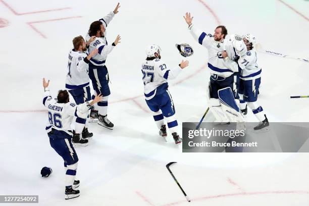 The Tampa Bay Lightning celebrate following the series-winning 2-0 victory over the Dallas Stars in Game Six of the 2020 NHL Stanley Cup Final at...