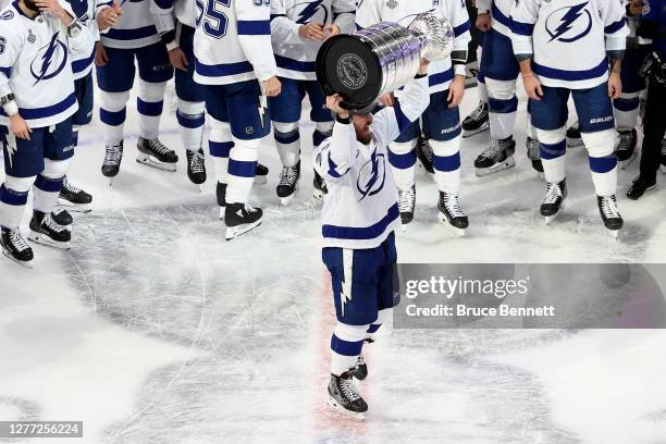 Victor Hedman of the Tampa Bay Lightning skates with the Stanley Cup following the series-winning victory over the Dallas Stars in Game Six of the...