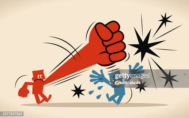 stockillustraties, clipart, cartoons en iconen met de boze rode mens slaat blauwe mens met een grote vuist; blauwe man werd geraakt op het hoofd - slaan