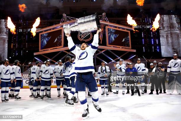 Blake Coleman of the Tampa Bay Lightning hoists the Stanley Cup overhead after the Tampa Bay Lightning defeated the Dallas Stars 2-0 in Game Six of...