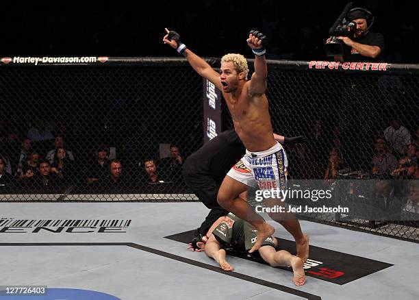 Josh Koscheck reacts after knocking out Matt Hughes during the UFC 135 event at the Pepsi Center on September 24, 2011 in Denver, Colorado.