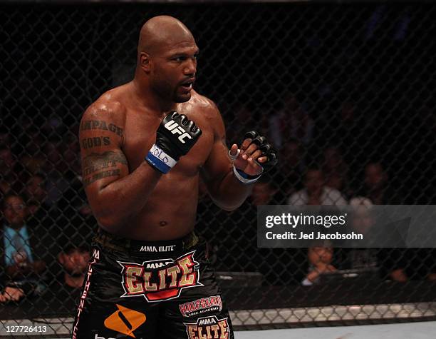 Quinton "Rampage" Jackson stands in the Octagon during his bout with Jon Jones during the UFC 135 event at the Pepsi Center on September 24, 2011 in...