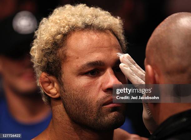 Josh Koscheck prepares to enter the Octagon before his bout with Matt Hughes during the UFC 135 event at the Pepsi Center on September 24, 2011 in...