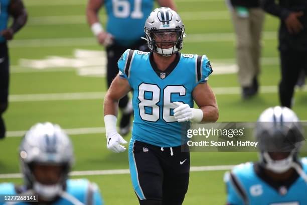 Colin Thompson of the Carolina Panthers leaves the field after a game against the Los Angeles Chargers at SoFi Stadium on September 27, 2020 in...