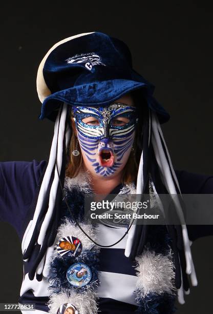 Geelong Cats fan poses for a portrait prior to the start of the 2011 AFL Grand Final match between the Collingwood Magpies and the Geelong Cats at...