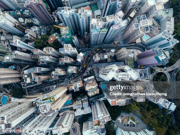 aerial view of hong kong downtown. financial district and business centers in smart city in asia. - city top view imagens e fotografias de stock