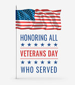 Veterans Day. Honoring all who served. 11th of November. Creative card with waving USA flag on flagpole