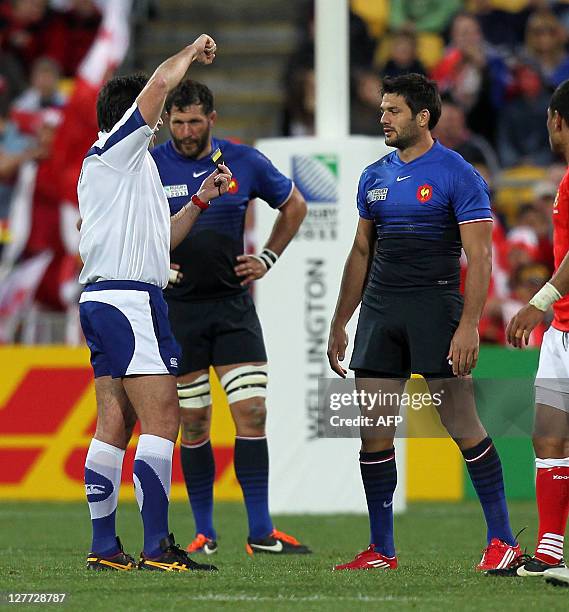 Fabrice Estebanez of France is yellow carded by referee Steve Walsh of Australia during the 2011 Rugby World Cup pool A match France vs Tonga at the...