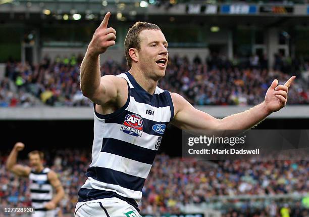 Steve Johnson of the Cats celebrates a goal during the 2011 AFL Grand Final match between the Collingwood Magpies and the Geelong Cats at Melbourne...