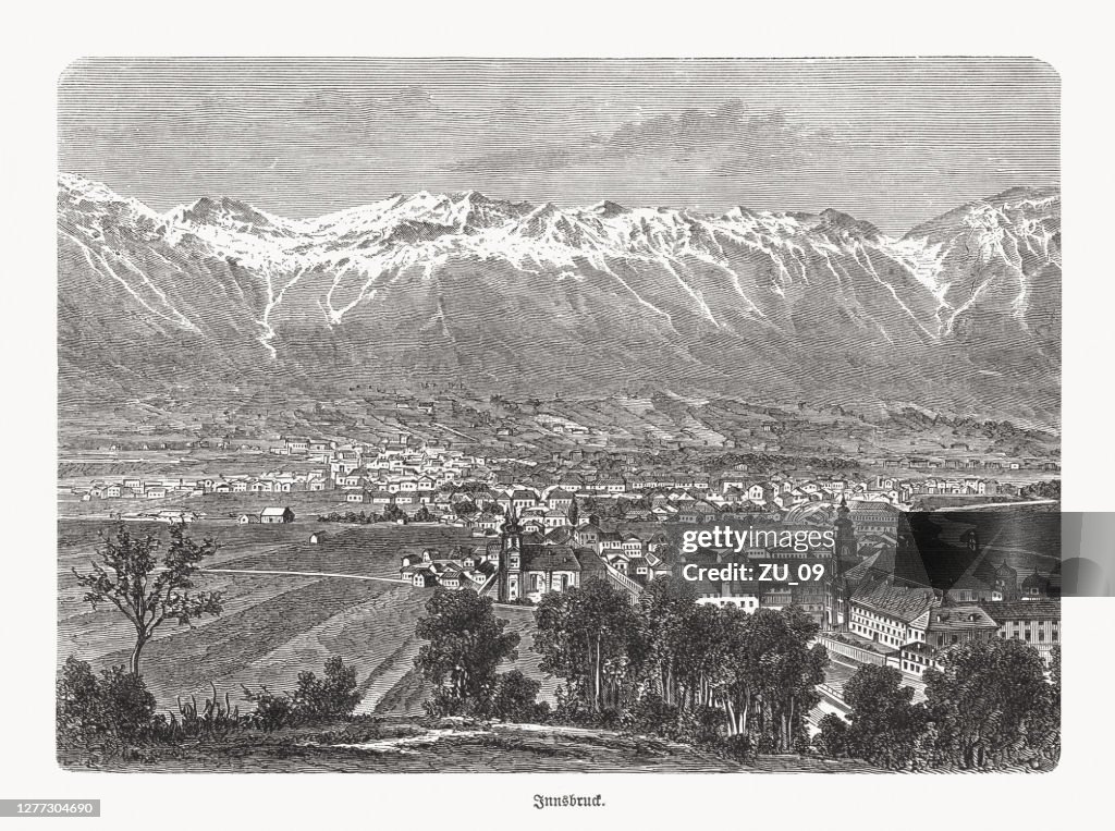 Historische mening van Innsbruck, Tirol, Oostenrijk, houten gravure, gepubliceerd 1893
