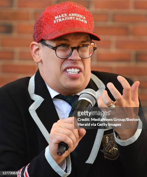 Straight Pride keynote speaker Milo Yiannopoulos addresses the crowd at City Hall Plaza August 31, 2019 in BOSTON, Massachusetts.