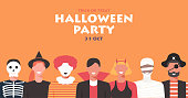 Halloween party concept banner, people in different costume join together to celebrate holiday