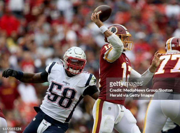New England Patriots outside linebacker Jamie Collins puts pressure on Washington Redskins quarterback Colt McCoy during the 3rd quarter of the game...