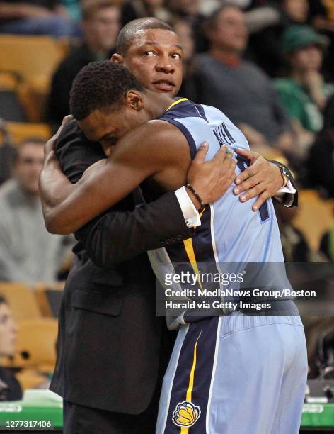 Boston - MA- - Memphis Grizzlies shooting guard Tony Allen gives Boston Celtics head coach Doc Rivers a hug after the Celtics lose 93-83 in the...