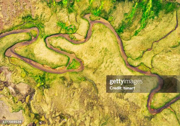 directly above view of icelandic landscape - river bend stock pictures, royalty-free photos & images
