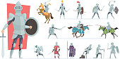 Knights. Medieval warriors in action poses armored knights vector characters in cartoon style