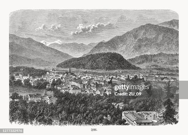 historical view of bad ischl, austria, wood engraving, published 1893 - bad ischl stock illustrations