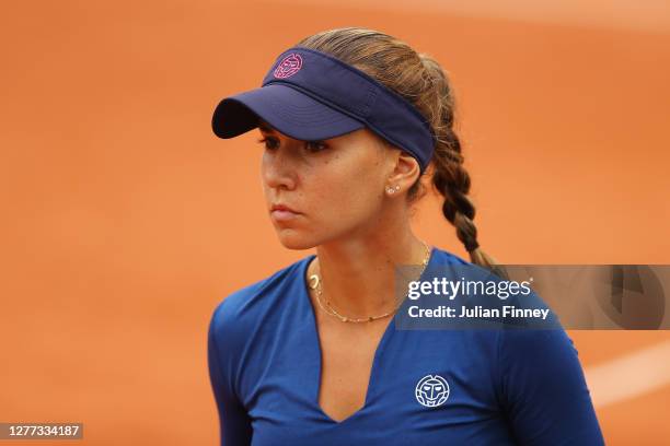 Irina Bara of Romania looks on during her Women's Singles first round match against Donna Vekic of Croatia on day three of the 2020 French Open at...