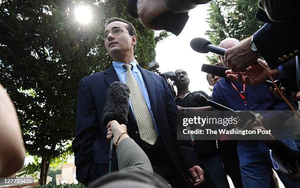 Wadi Adam Lahrim of Fairfax, VA, speaks to the media in front of Dar al-Hijrah Mosque between midday Friday prayers on September 30 in Falls Church,...