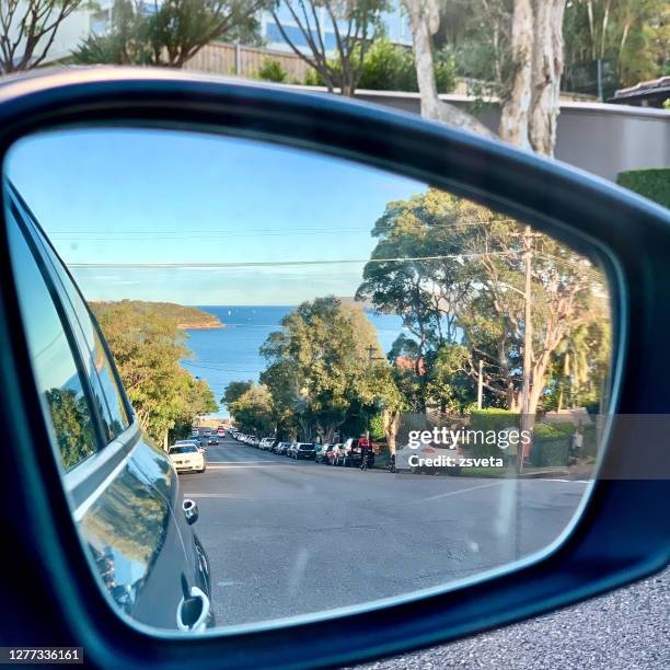 habourside street reflected in the side view mirror - sydney side street stock pictures, royalty-free photos & images