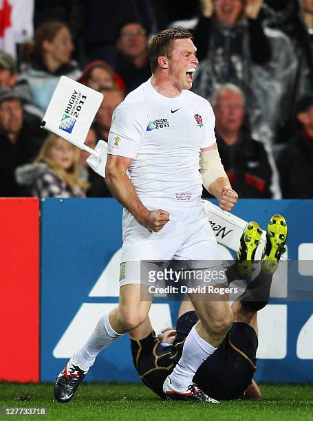 Chris Ashton of England celebrates his try during the IRB 2011 Rugby World Cup Pool B match between England and Scotland at Eden Park on October 1,...