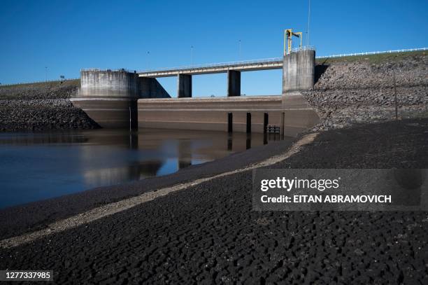 View of the low water level at the Paso Severino reservoir amid a severe drought in Florida, Uruguay, on June 28, 2023. This reservoir, which...