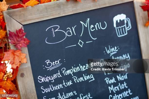 bar menu during autumn on chalkboard with frame - chalkboard menu stock pictures, royalty-free photos & images