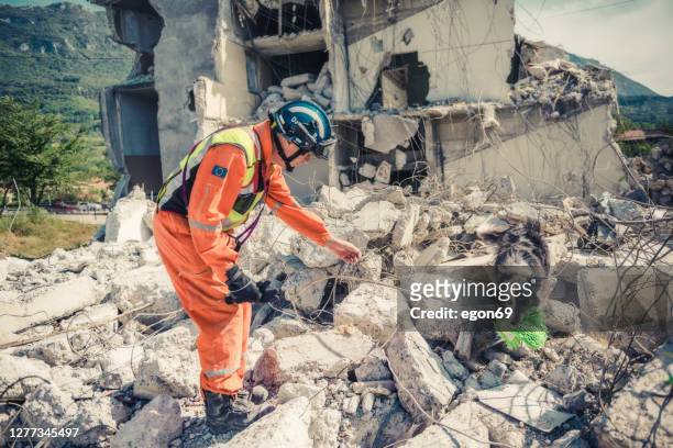 rescuer search with help of rescue dog - accidents and disasters stock pictures, royalty-free photos & images