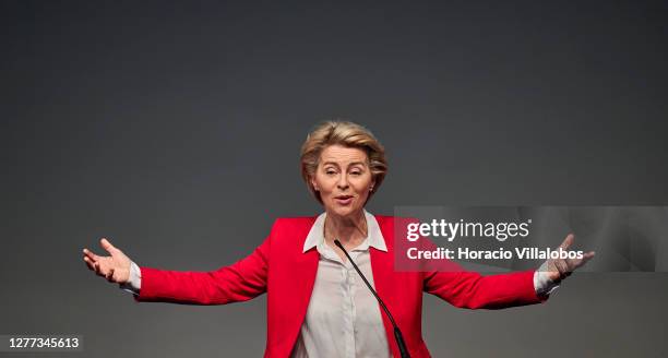 The President of the European Commission Ursula von der Leyen gestures while delivering remarks in the presentation of the European and Portuguese...