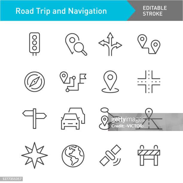 road trip und navigation icons - line series - editable stroke - road intersection stock-grafiken, -clipart, -cartoons und -symbole