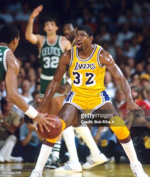 Los Angeles Lakers Earvin "Magic" Johnson game action during the NBA Finals against Boston Celtics, January 15, 1986 in Los Angeles, California.