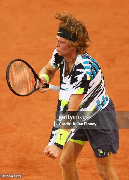 Andrey Rublev of Russia reacts during his Men's Singles first round match against Sam Querrey of the United States on day three of the 2020 French...