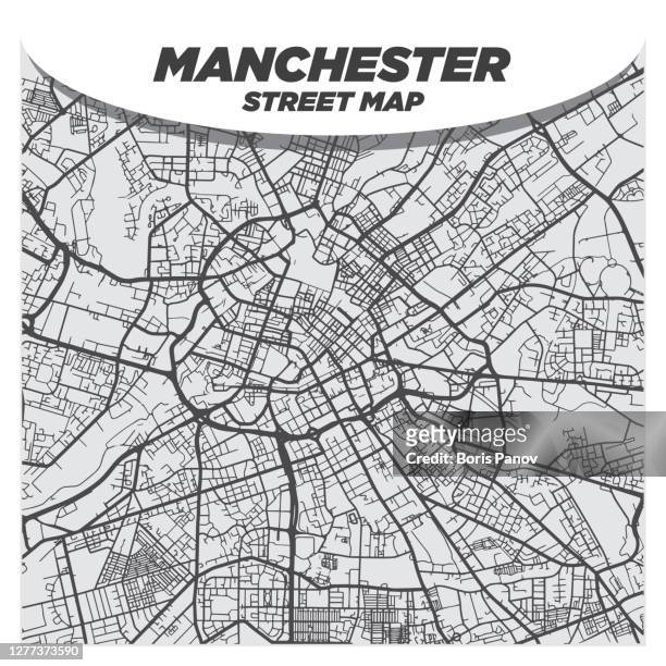 modern flat black and white city street map of downtown manchester uk - manchester england stock illustrations