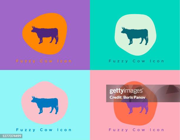 ilustraciones, imágenes clip art, dibujos animados e iconos de stock de icono de vaca difusa en fondos de bloque de color brillante con formas funky para el arte de carne o carne de res - carne de vaca