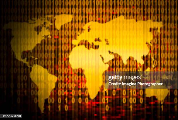 gold binary code matrix on the world map. abstract red digital background. futuristic genius connection technology concepts. - technology or innovation photos et images de collection