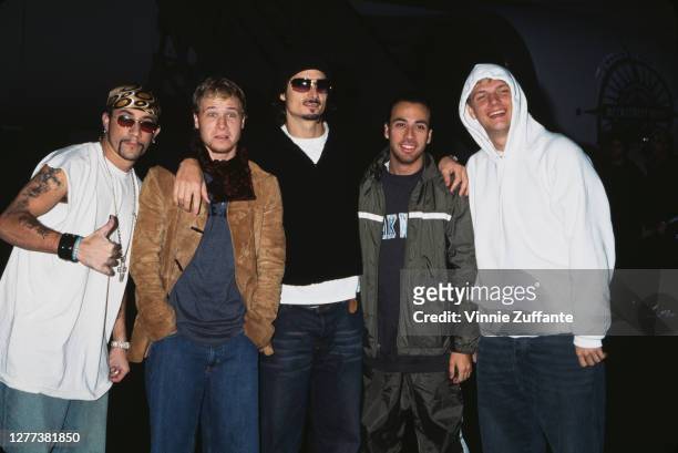 American boy band Backstreet Boys at a promotion event for their world tour "Black and Blue Tour", circa 2001; they are AJ McLean, Brian Littrell,...