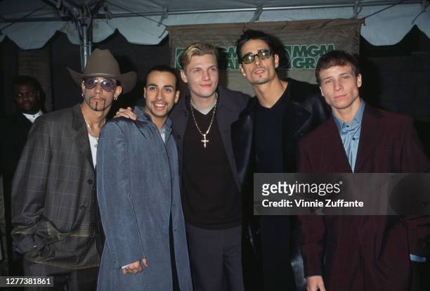 Pop group Backstreet Boys attend the Ninth Annual Billboard Music Awards on December 7, 1998 at the MGM Grand Garden Arena in Las Vegas, Nevada; they...