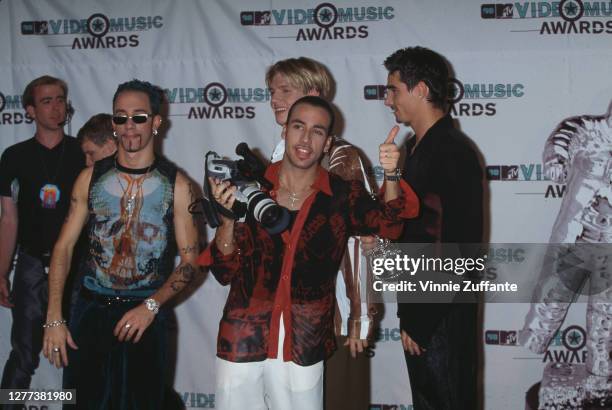 American boy band Backstreet Boys after winning the award for Best Group Video for "Everybody - Backstreet's Back" during the 1998 MTV Video Music...