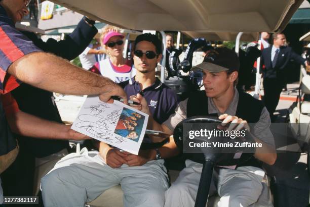 American singers Kevin Richardson and Brian Littrell of the Backstreet Boys during 1998 Fairway to Heaven Golf Tournament in Las Vegas, Nevada,...