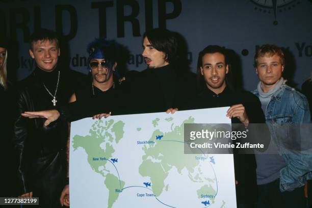 American boy band Backstreet Boys on tour at the start of their round the world trip on November 15, 2000 in Stockholm, Sweden; they are Nick Carter,...