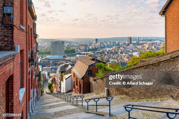 skyline of liege belgium from top of staircase - liegi foto e immagini stock