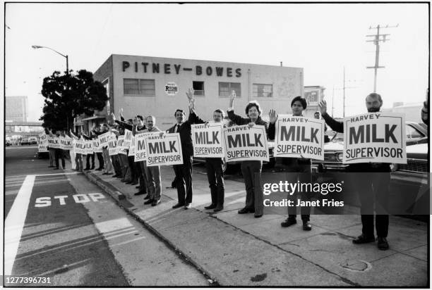 With help from his supporters, American politician and Gay rights activist Harvey Milk campaigns for a position on the San Francisco Board of...