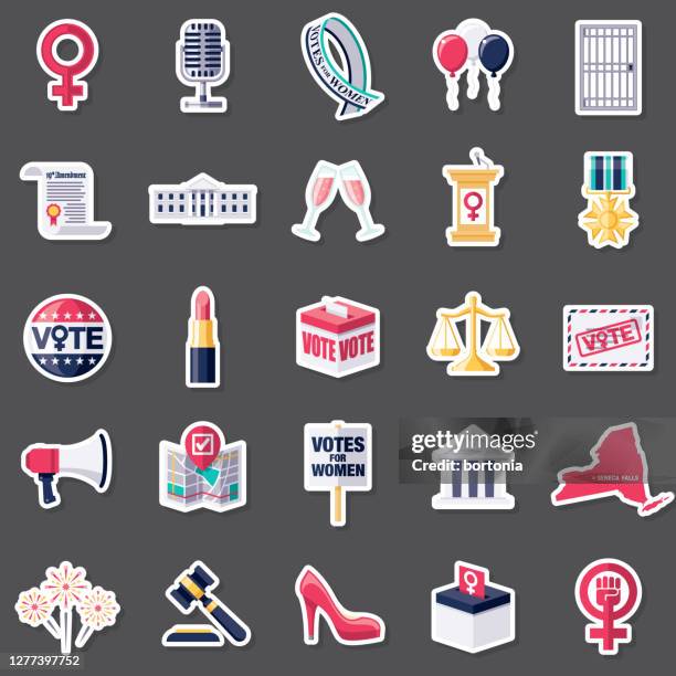 ilustraciones, imágenes clip art, dibujos animados e iconos de stock de conjunto de pegatinas para el voto de las mujeres - bill of rights icons