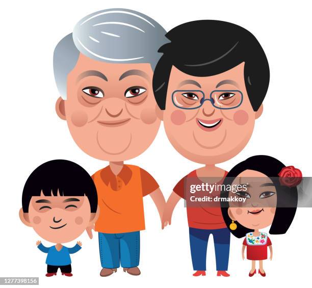 ilustrações de stock, clip art, desenhos animados e ícones de chinese family, grandfather, grandmother and kids - asian family