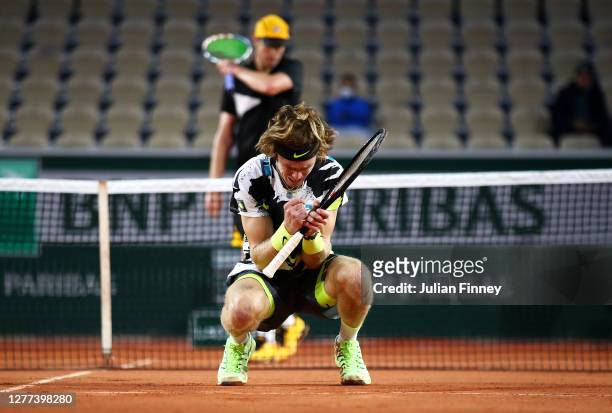 Andrey Rublev of Russia celebrates after winning match point during his Men's Singles first round match against Sam Querrey of the United States on...