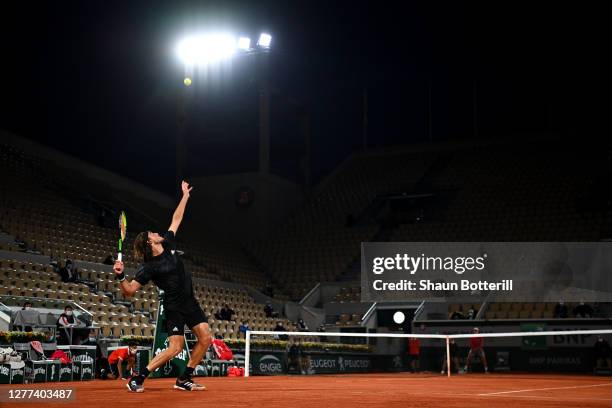 Stefanos Tsitsipas of Greece serves during his Men's Singles first round match against Jaume Munar of Spain on day three of the 2020 French Open at...