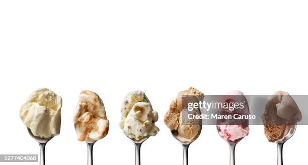 lined up ice cream in spoons - spion stock pictures, royalty-free photos & images