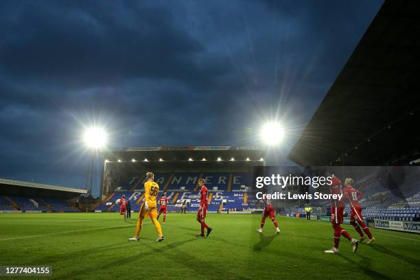 The players of Liverpool U21s make their way onto the pitch from a temporary changing room during the EFL Trophy match between Tranmere Rovers and...